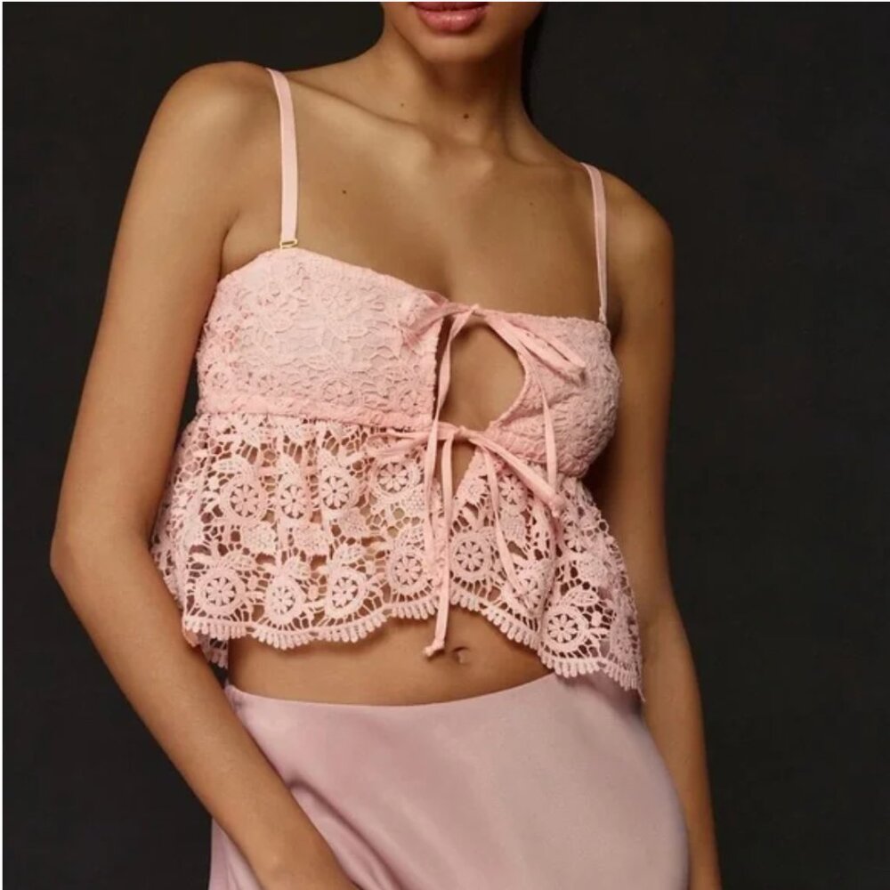 NWT Anthropologie | Pastel Pink Strapless Crotchet Cropped Lace Top, L